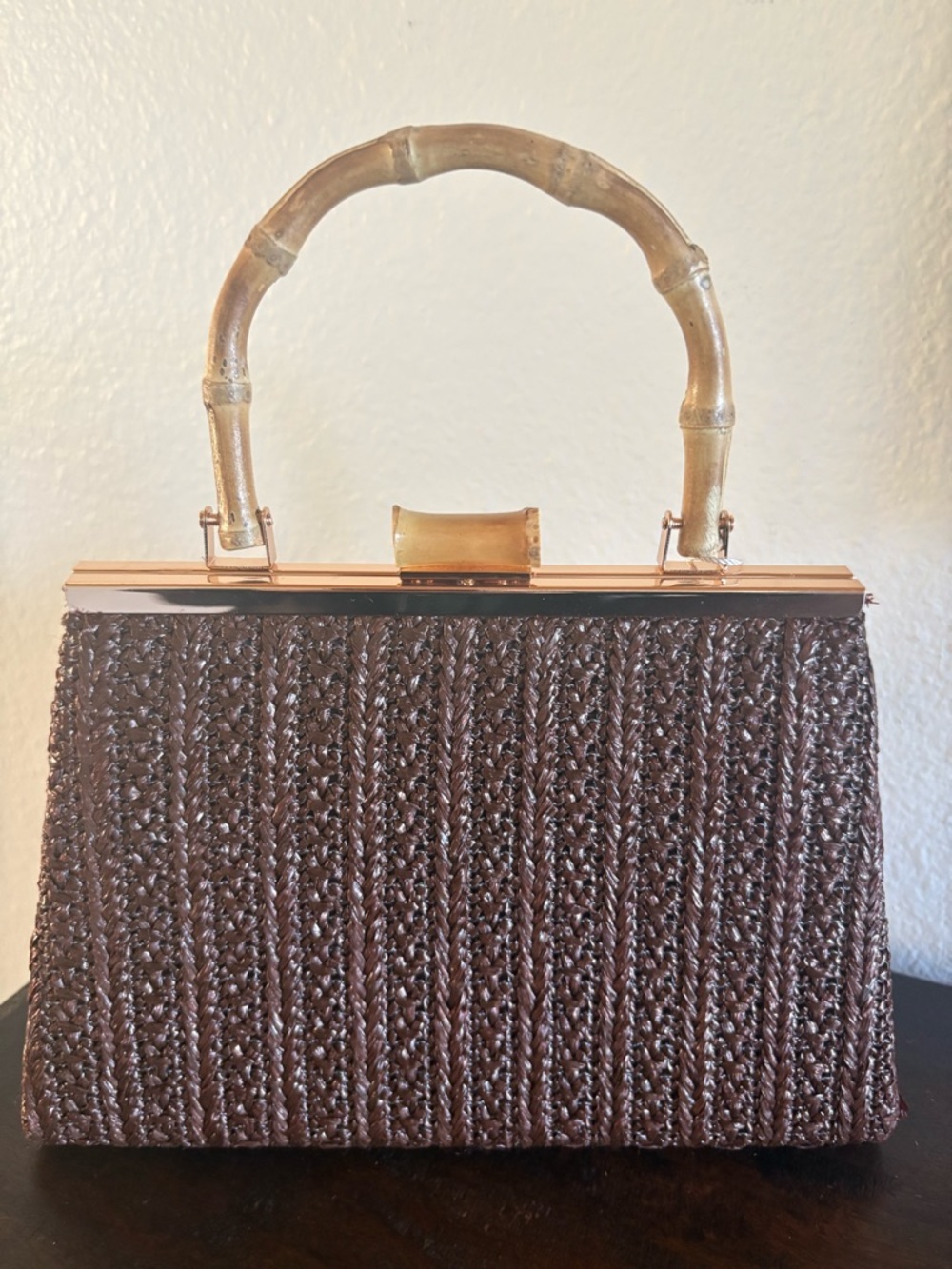 Tommy Bahama Brown Woven Satchel with Bamboo Handle - Picture 2 of 4